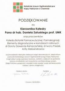 Podziękowania za organizację warsztatów dla uczniów szkół średnich. Kliknij, aby powiększyć zdjęcie.